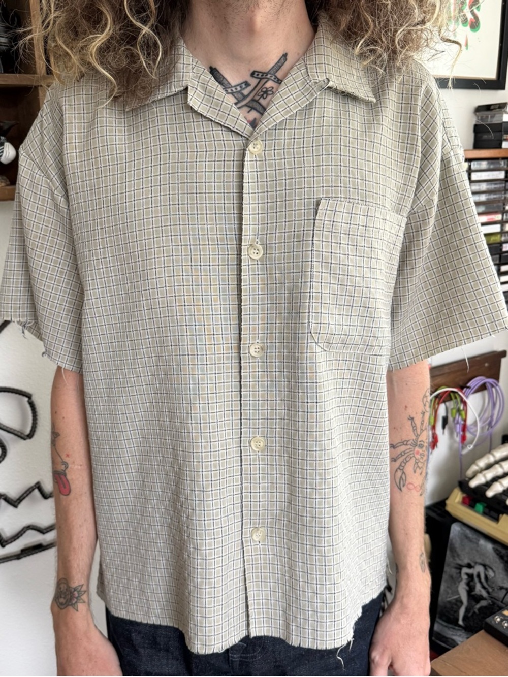 Vintage 90s Cropped Loop Collar Textured Plaid S/S Button Down Shirt ~ Size M